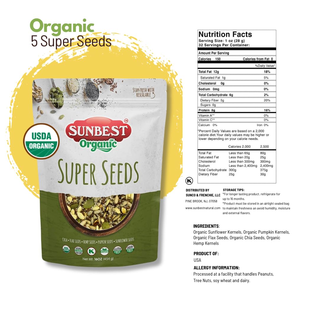 Sunbest Natural Organic Super Seeds Mix, 2-Pack – Raw Chia, Flax Seed, Hemp, Pumpkin & Sunflower Seeds – Great For Trail Mix, Smoothies & Salads – Superfood Blend Rich in Protein & Fiber (32 oz)