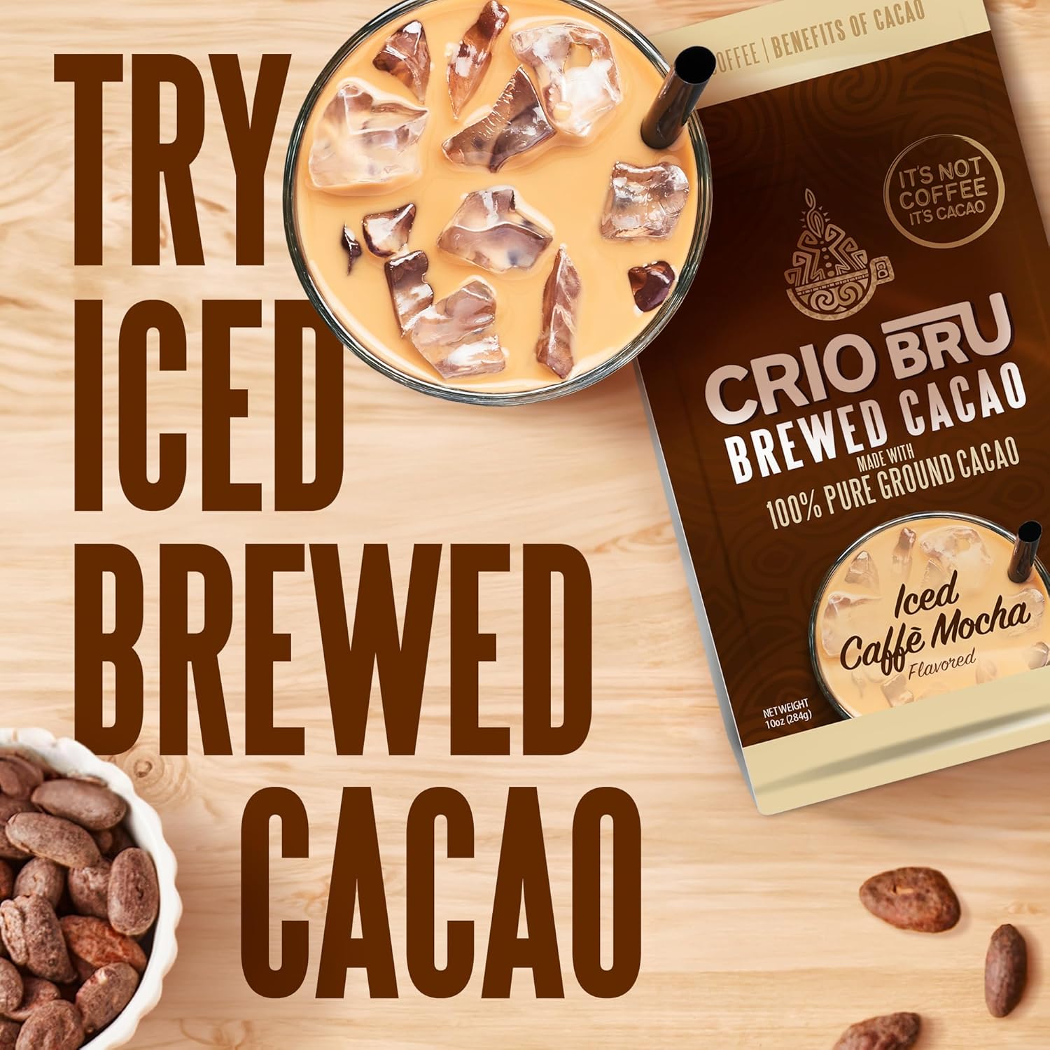 Crio Bru Brewed Cacao Double Chocolate Light Roast - Coffee Alternative Natural Healthy Drink | 100% Pure Ground Cacao Beans | 99.99% Caffeine Free, Keto, Low Carb, Paleo, Brew And Enjoy Hot or Iced (10oz)