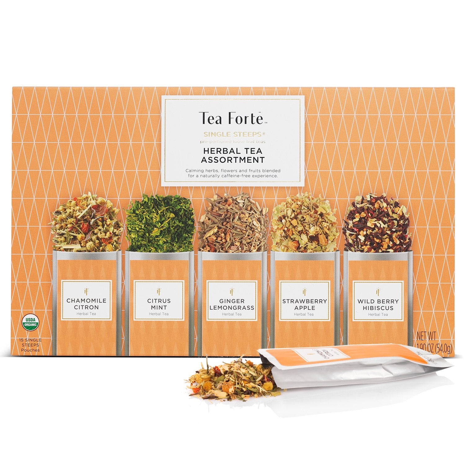 Tea Forte Lotus Single Steeps Loose Leaf Premium Tea Gift Set Sampler, 15 Count 3 of Each Assorted Blends, Pre-Portioned Single Serve Pouches, Steeps 12 oz