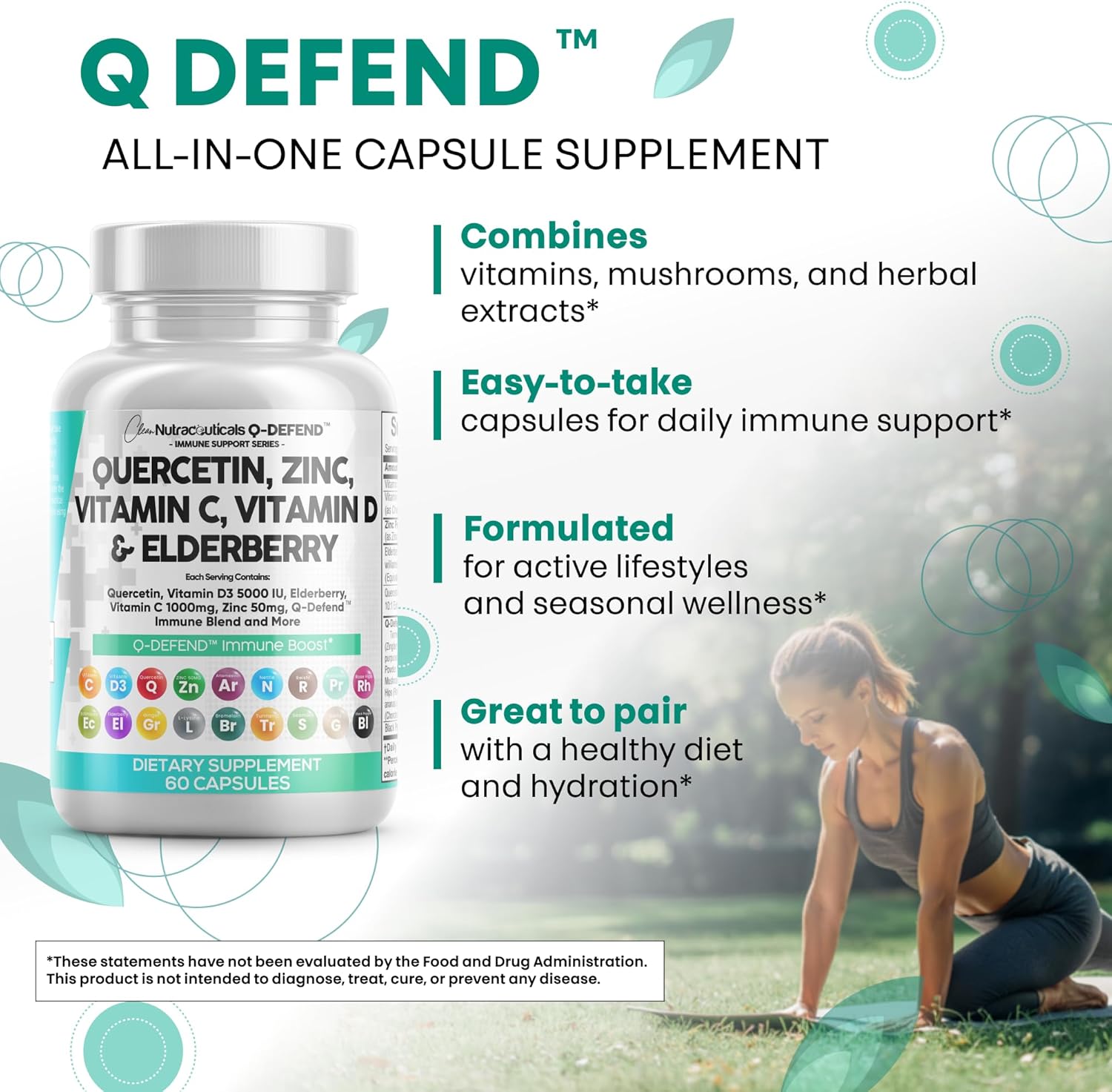 Q Defend Quercetin Supplement with Zinc Vitamin C Vitamin D Elderberry Turmeric Black Pepper Garlic Ginger Sea Moss Lysine Stinging Nettle Reishi Mushroom Immune Support 60 Capsules by Clean Nutra