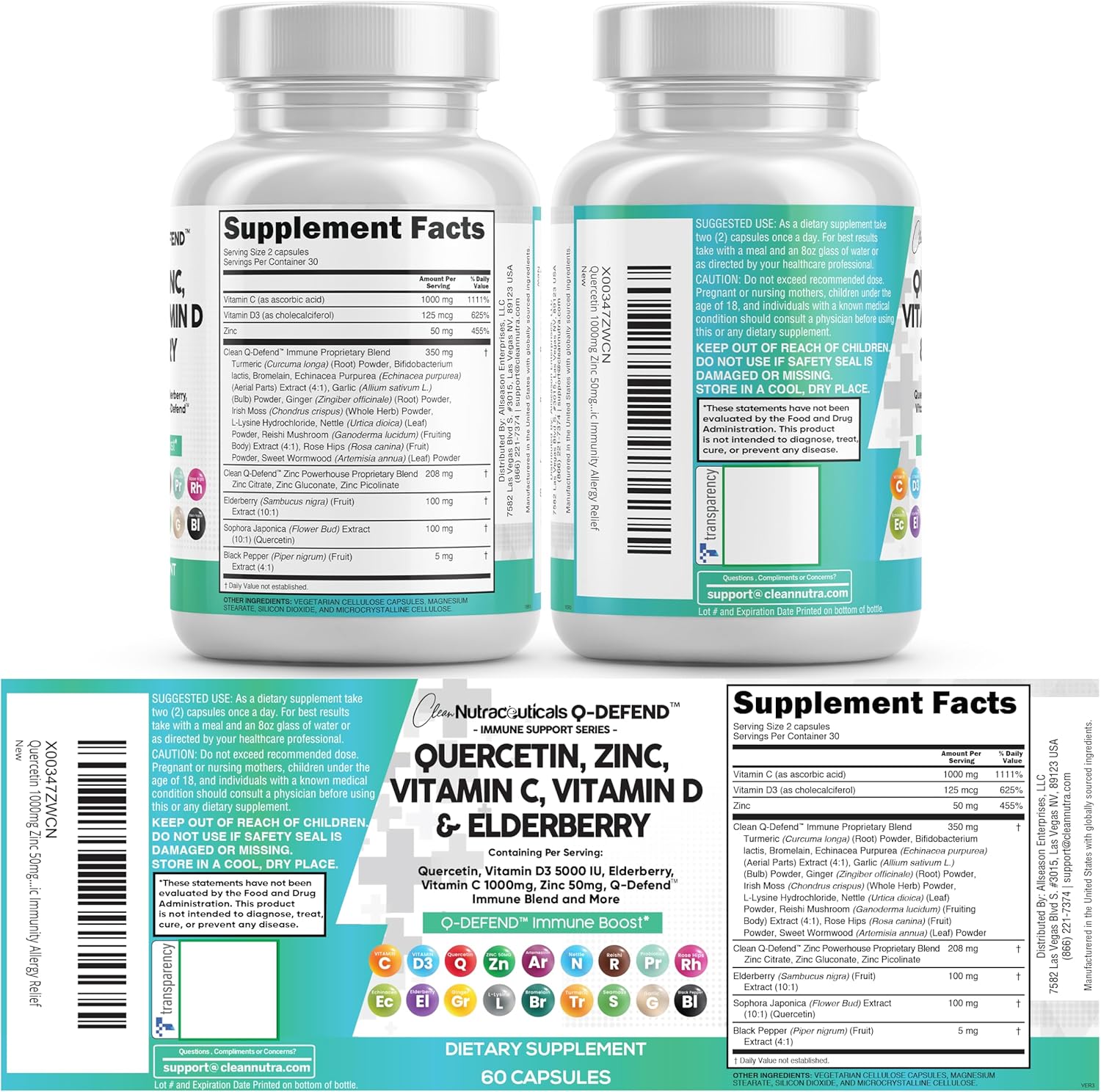 Q Defend Quercetin Supplement with Zinc Vitamin C Vitamin D Elderberry Turmeric Black Pepper Garlic Ginger Sea Moss Lysine Stinging Nettle Reishi Mushroom Immune Support 60 Capsules by Clean Nutra